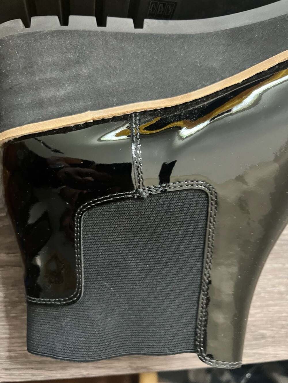 Eileen Fisher Black Patent Leather Chelsea Wedge Lug Heel Boots - Picture 5 of 9
